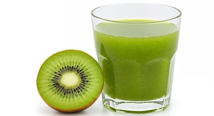 Enjoying Fresh Kiwi Juice with Half Kiwi Fruit on White