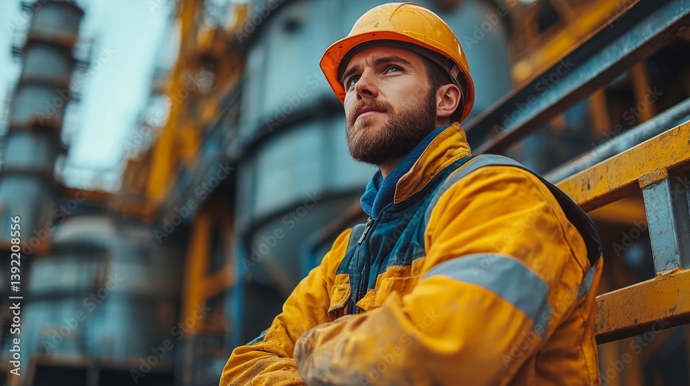 Poster A worker in a yellow safety helmet and jacket stands confidently at a mining and construction site. Heavy machinery and infrastructure indicate ongoing metal extraction and fabrication efforts.