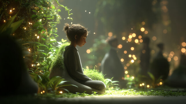 Peaceful indoor scene with a female figure resting on a bean bag near leafy plants, basking in soft