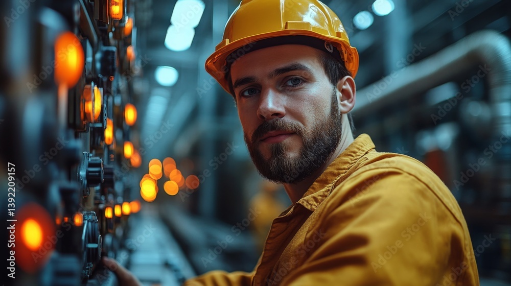 Poster a mining technician in safety gear monitors machinery controls in a busy industrial facility dedicat