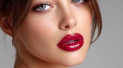 Extreme macro of glossy lips, ultra-realistic texture, reflective sheen, soft studio lighting, elegant and sensual, 50mm f/2.8, 16k resolution. Ultra-Realistic, Photo Realistic, highly detailed, 