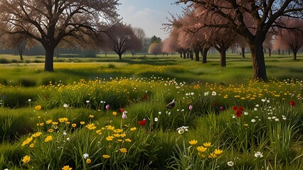   A springtime meadow with flowers blossoming and birds singi