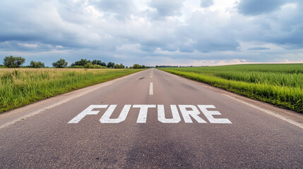 Open road to the future: straight pathway under cloudy sky in rural landscape