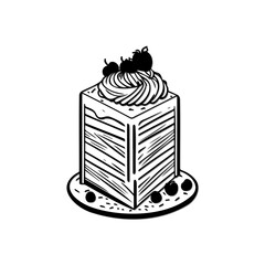 Elegant square cake slice topped with berries, meticulously illustrated in black and white