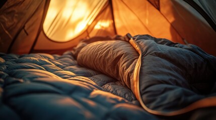 Cozy camping scene inside a tent with a warm sleeping bag, evening light glowing softly