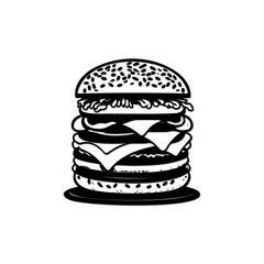 Detailed monochrome illustration of a stacked burger with sesame seed bun