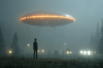 Forest ground in deep night with distant mountain silhouettes, as a man stands motionless facing a