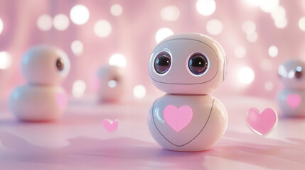 Fototapeta premium Cute robots with hearts on a pink surface with bokeh lights behind