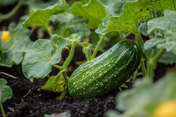 Obraz premium Cucumber growing in the vegetable garden