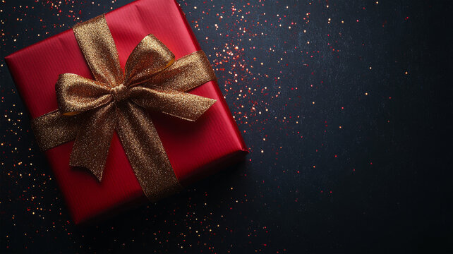 Red gift box with gold ribbon bow and colorful conetti on blue background, top view, copy space. Luxury Background for Greeting Card for Birthday, Anniversary, Mother's Day, Christmas