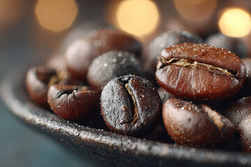 Obraz premium Intimate coffee scene with roasted beans glistening slightly inside a black dish, accompanied by