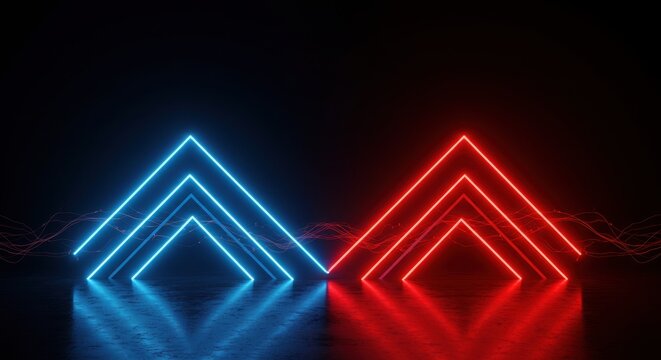 A striking digital illustration of neon arrows in glowing blue and red with a futuristic cyberpunk aesthetic against a dark background