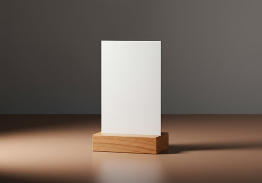Blank white card mockup on wood stand for menu or invitation design