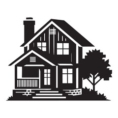 Family-friendly Suburban House silhouette, featuring a large front yard – House illustration – Minimalist house vector – House silhouette

