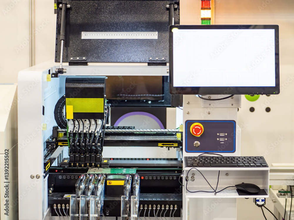 Poster production of computer boards. machine for making microchips. pcb production at factory. machine app