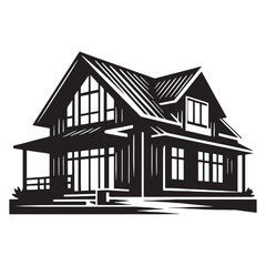 Inviting Suburban House silhouette, with large windows and a welcoming porch – House illustration – Minimalist house vector – House silhouette

