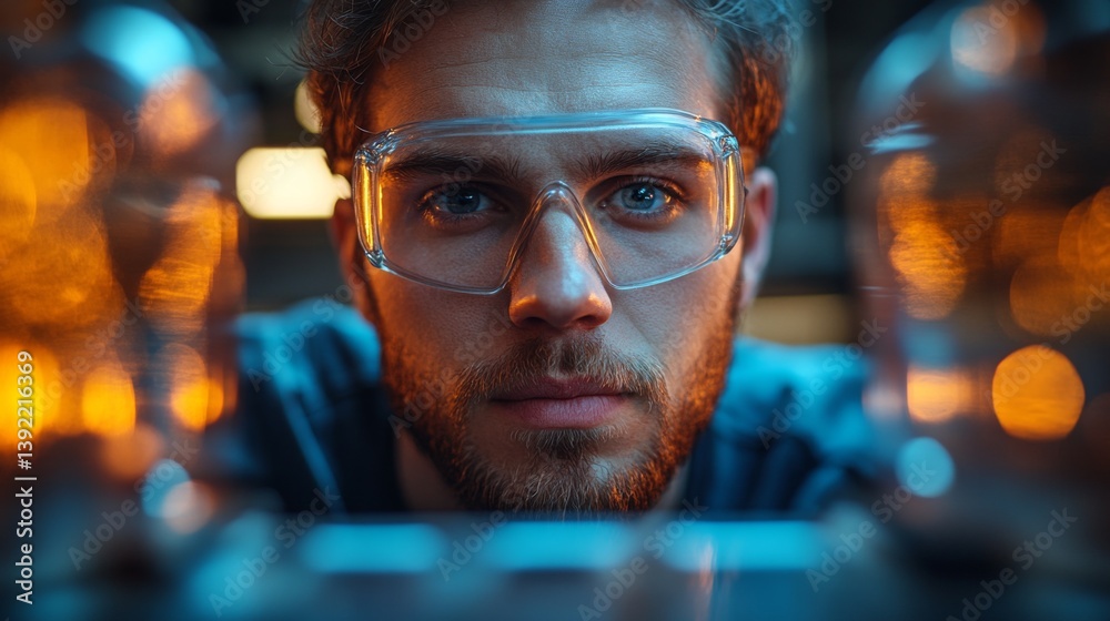 Poster a worker in protective eyewear concentrates on the metal extraction process in a high tech facility,
