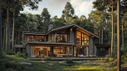 rustic luxury resort house with wooden beams in serene forest setting