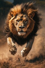 Obraz premium A majestic lion charging through tall golden grass in a vibrant savannah. capturing the essence of wildlife in motion under a bright blue sky. showcasing nature's raw beauty