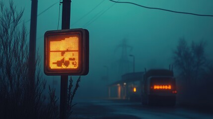 A foggy roadside scene featuring an illuminated sign and a truck near a desolate station