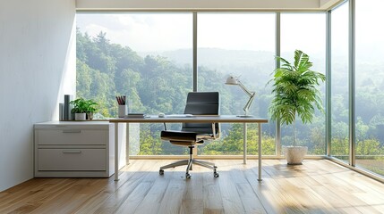 Fototapeta premium A minimalistic home office with a simple desk, ergonomic chair, and floor-to-ceiling windows. A single potted plant adds a touch of nature to the clean design.