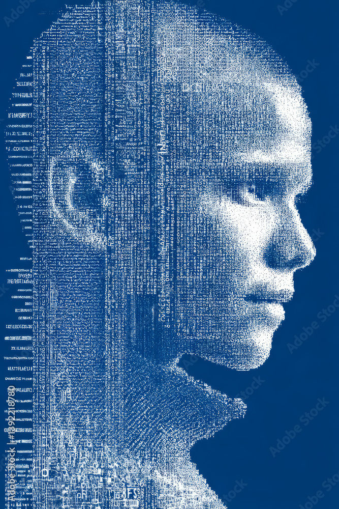 Poster high-contrast ascii art style image of a person with prominent text-based outlines and detailed