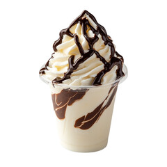 Vanilla soft serve in plastic cup with drizzled chocolate syrup on a clear background.
