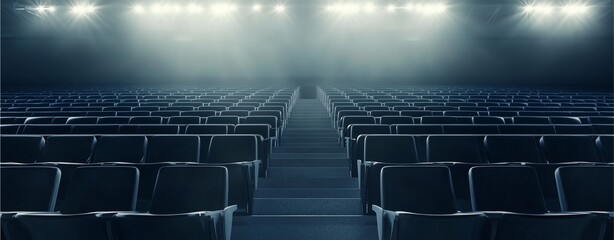 Naklejka premium Empty Auditorium with Lights: Rows of empty seats in a grand auditorium, bathed in the ethereal glow of overhead lights, creating a dramatic atmosphere of anticipation and grandeur. 