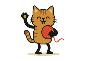Obraz premium Happy cartoon cat playing with yarn in flat design vector art