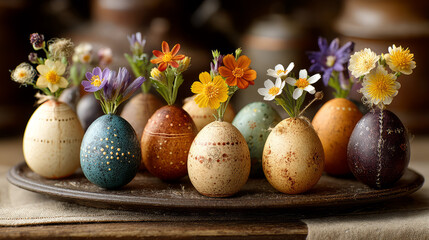 Obraz premium Detailed still life composition of colorful Easter eggs and fresh flowers on a vintage wooden