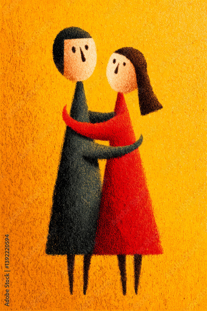 Poster bold and playful cartoon image of two supportive women in a tight embrace, rendered with dynamic