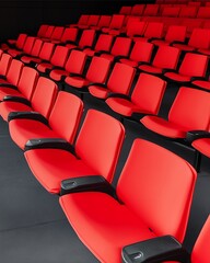 Obraz premium Crimson Rows: An inviting and meticulously arranged array of vibrant red seating, providing a sense of anticipation, are arranged in a modern auditorium.
