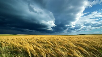 Golden wheat field swaying under a dramatic sky   - Powered by Adobe