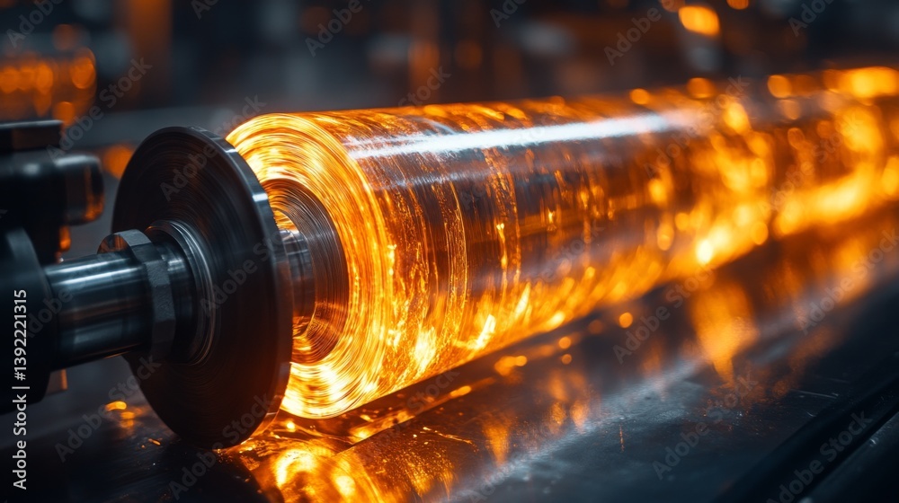 Poster Hot molten glass flows gracefully as it is processed in an industrial facility. Workers focus on shaping the material for future use in construction and infrastructure projects.