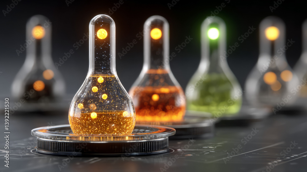 Poster stylized experimental design depicting ampoules filled with luminous colored liquids placed in a