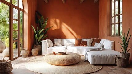 Interior Earthy toned living room with couch near garden. Use Home design blog, travel advert