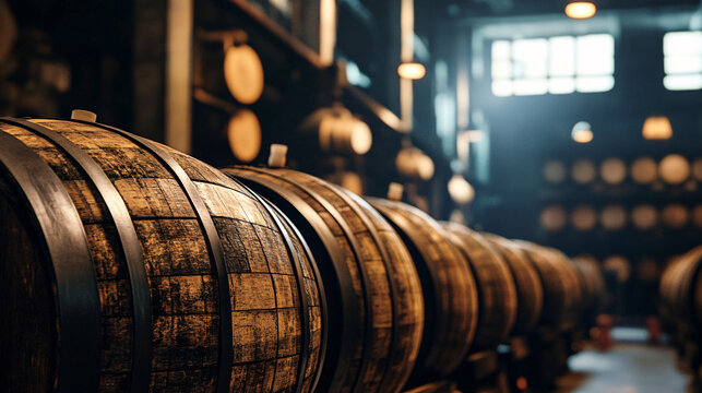 Beer Barrels Aging Gracefully in a Rustic Brewery Warehouse Bathed in Warm Light