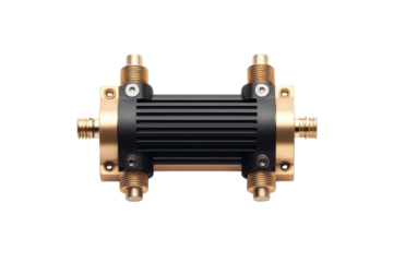Precision black brass RF attenuator high quality electronic component detailed close up view against isolated on transparent background