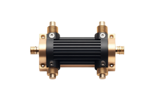 Precision black brass RF attenuator high quality electronic component detailed close up view against isolated on transparent background
