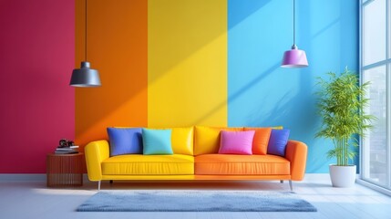 Modern colorful living room with a stylish bright colored sofa