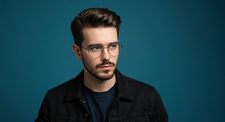 Stylish man wearing glasses. thoughtful expression.