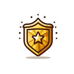 Obraz premium Golden shield with star emblem and sparkles. Ideal for security logos, protection service branding, award badges, or game achievement icon design.