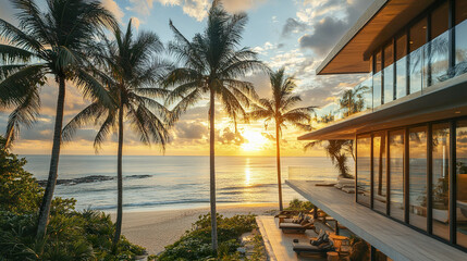 Fototapeta premium sleek glass walled resort villa overlooks tropical beach at sunset