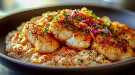Pan-seared cod fillets, boasting a crispy crust, rest atop creamy polenta. A vibrant salsa of red onion, carrot, and parsley adds a fresh, zesty contrast.