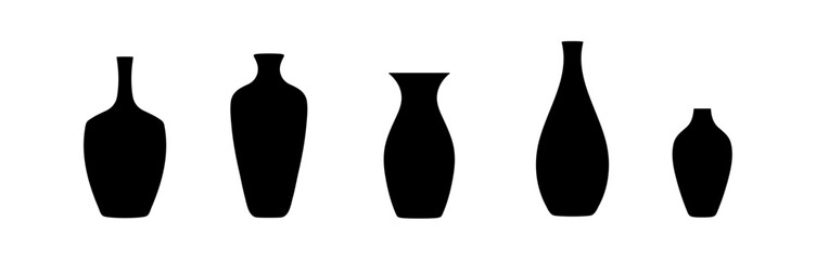 Silhouette set decorative vases shapes. Black vase collection traditional design simple icon.