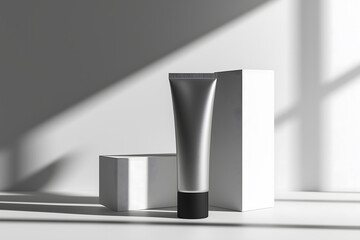 Minimalist mockup of a metallic cosmetic tube with black cap standing on white geometric blocks. Perfect for showcasing skincare, cosmetic, or beauty product branding. 