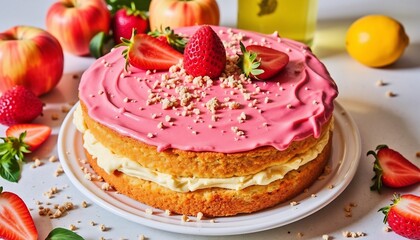 Delicious Strawberry Cake With Pink Frosting And Fresh Fruits Arrangement