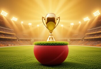 Golden trophy on cricket ball pedestal under stadium lights at sunset glow.