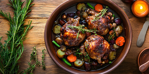 Braised chicken with vegetables in rustic bowl