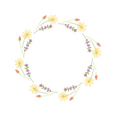 Elegantly Designed Floral Wreath with Yellow, Purple, and Pink Flowers on White Background